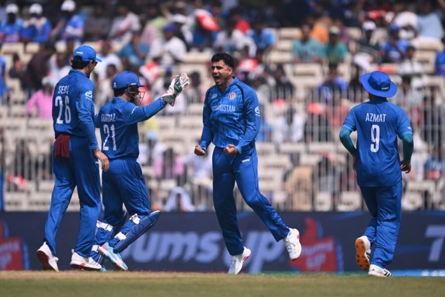 کرکټ CHENNAI, INDIA - FEBRUARY 08: Mujeeb Ur Rahman of Afghanistan celebrates after taking the wicket of Finn Allen of New Zealand during the ICC Men's T20 World Cup India & Sri Lanka 2026 match between New Zealand and Afghanistan at MA Chidambaram Stadium on February 08, 2026 in Chennai, India. (Photo by Joe Allison-ICC/ICC via Getty Images)