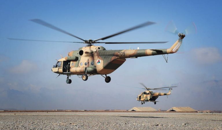 Mi-17 helicopters operated by the 2nd Wing of the Afghan National Army Air Force take off at Multinational Base Tarin Kowt in Uruzgan province, Afghanistan, Feb. 23, 2013. (U.S. Army photo/Released)