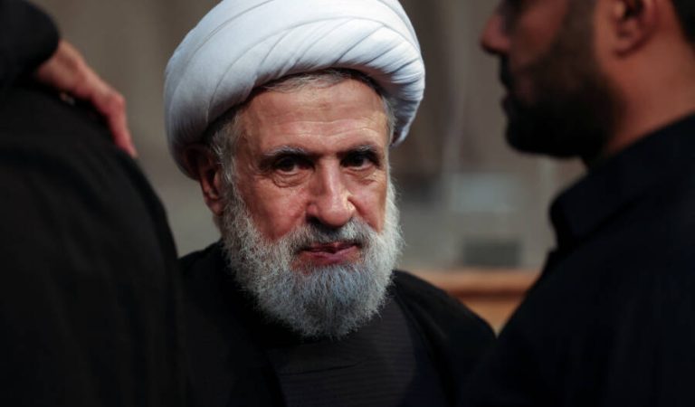 FILE PHOTO: Lebanon's Hezbollah deputy leader Sheikh Naim Qassem accepts condolences for the death of Hezbollah senior commander Fuad Shukr, who was killed on Tuesday in an Israeli strike, in Beirut's southern suburbs, Lebanon August 2, 2024. REUTERS/Mohamed Azakir/File Photo