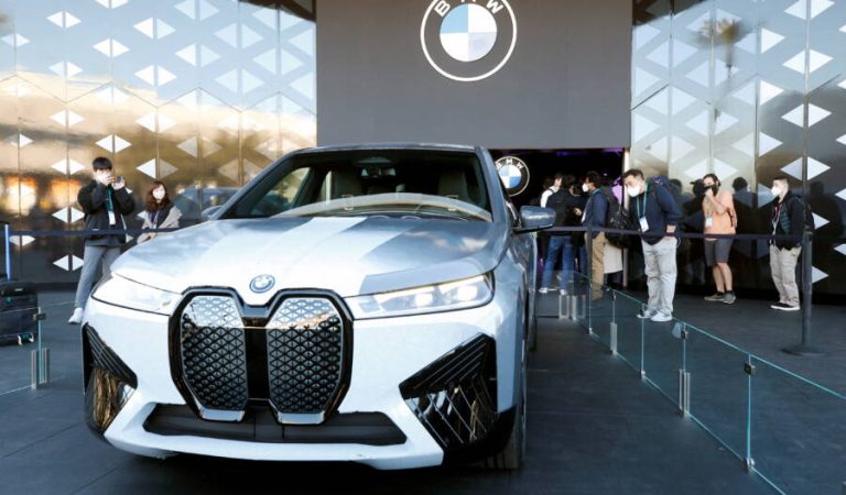 A BMW iX Flow with color-shifting material is displayed during CES 2022 at the Las Vegas Convention Center in Las Vegas, Nevada, U.S. January 6, 2022. REUTERS/Steve Marcus