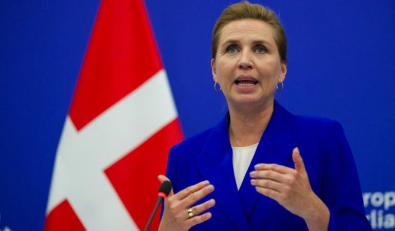 Danish Prime Minister Mette Frederiksen gives a press conference after the presentation of the programme of the Danish Presidency as part of a plenary session at the European Parliament in Strasbourg, eastern France, on July 8, 2025. Denmark holds the Presidency of the Council of the European Union until December 31, 2025 for the 8th time in its history. (Photo by Jean-Christophe VERHAEGEN / AFP)