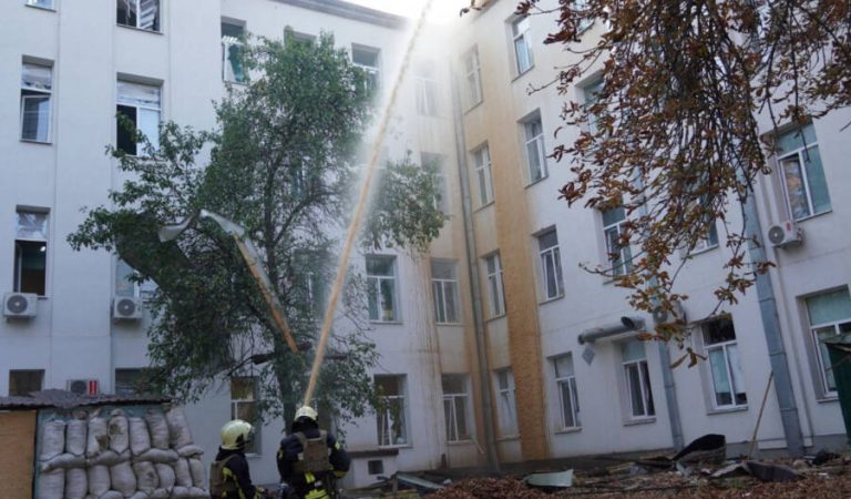 Firefighters work at a site of a hospital hit by a Russian kamikaze drone, amid Russia's attack on Ukraine, in Sumy, Ukraine September 28, 2024. Press service of the State Emergency Service of Ukraine/Handout via REUTERS