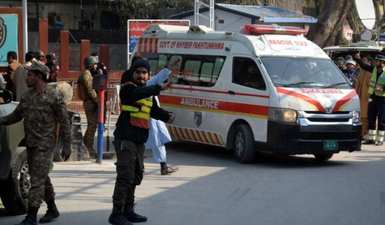 PESHAWAR PAKISTAN, JANUARY 30: Ambulances are seen at the site following a blast inside a mosque during midday prayers in the northwestern city of Peshawar, Pakistan, on January 30, 2023  At least 32 people have been killed and 150 injured in a bombing at a mosque which was located inside a compound that includes the headquarters of the provincial police force and a counter-terrorism  A section of the building was destroyed and officials say people are buried under the rubble. (Photo by Muhammad Reza/Anadolu Agency via Getty Images)