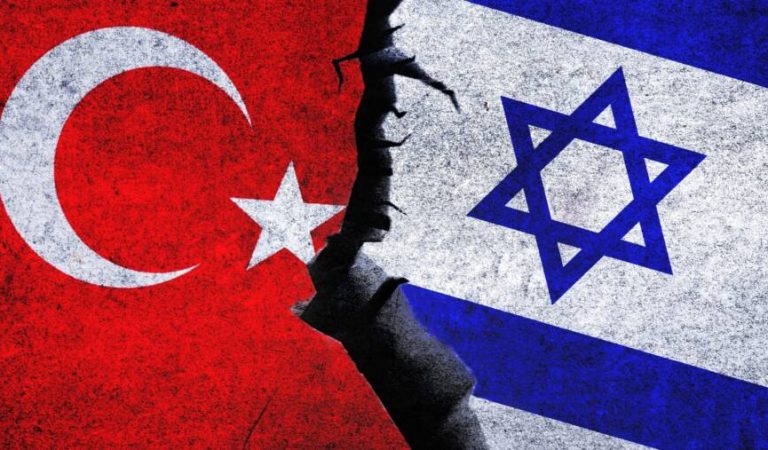 Israel vs Turkey concept flag on wall with crack. Israel and Turkey political conflict, economy, war crisis, relationship, trade concept