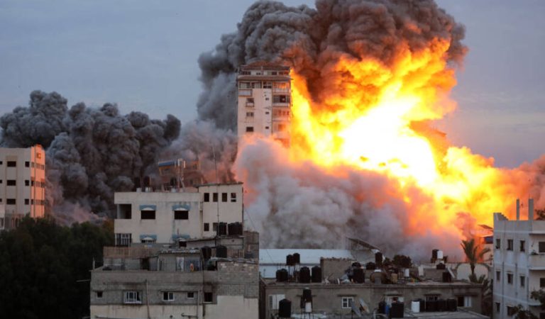 Israeli airstrike in Gaza, Palestine on October 7, 2023.  (Photo by Majdi Fathi/NurPhoto via Getty Images)