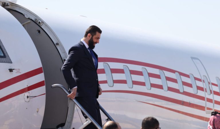 AMMAN, JORDAN - FEBRUARY 26: Syrian President Ahmad al-Sharaa arrives at Marka airport on February 26, 2025 in Amman, Jordan. Syrian President Ahmed al-Sharaa is making his first official visit to Jordan since forming a transitional government, following the ousting of Bashar al-Assad in December. (Photo by Salah Malkawi/Getty Images)