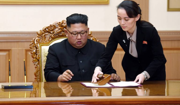 FILE - In this Sept. 19, 2018, file photo, Kim Yo Jong, right, helps her brother North Korean leader Kim Jong Un sign a joint statement following the summit with South Korean President Moon Jae-in at the Paekhwawon State Guesthouse in Pyongyang, North Korea. North Korea has threatened to end an inter-Korean military agreement reached in 2018 to reduce tensions if the South fails to prevent activists from flying anti-Pyongyang leaflets over the border. The powerful sister of Kim Yo Jong also said Thursday, June 4, 20202, the North could permanently shut a liaison office with the South and an inter-Korean factory park in the border town of Kaesong, which have been major symbols of reconciliation between the rivals.  (Pyongyang Press Corps Pool via AP, File)