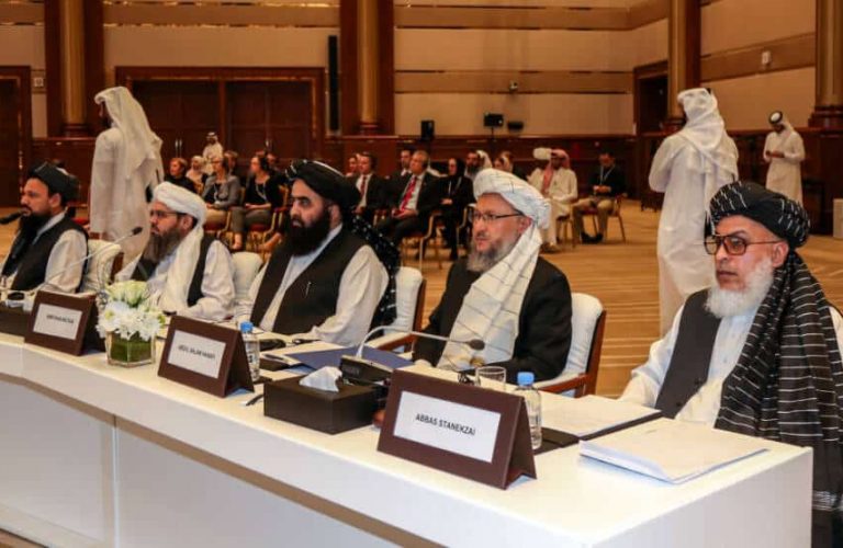 (L to R) The Taliban's former minister of agriculture Abdul Latif Mansoor, former envoy to Saudi Arabia Shahabuddin Delawar, former culture and information minister Amir Khan Mutaqi, former deputy education minister Abdul Salam Hanafi, and Taliban negotiator Abbas Stanikzai attend the Intra Afghan Dialogue talks in the Qatari capital Doha on July 7, 2019. - Dozens of powerful Afghans met with a Taliban delegation on July 7, amid separate talks between the US and the insurgents seeking to end 18 years of war. The separate intra-Afghan talks are attended by around 60 delegates, including political figures, women and other Afghan stakeholders. The Taliban, who have steadfastly refused to negotiate with the government of President Ashraf Ghani, have stressed that those attending are only doing so in a "personal capacity". (Photo by KARIM JAAFAR / AFP)        (Photo credit should read KARIM JAAFAR/AFP/Getty Images)
