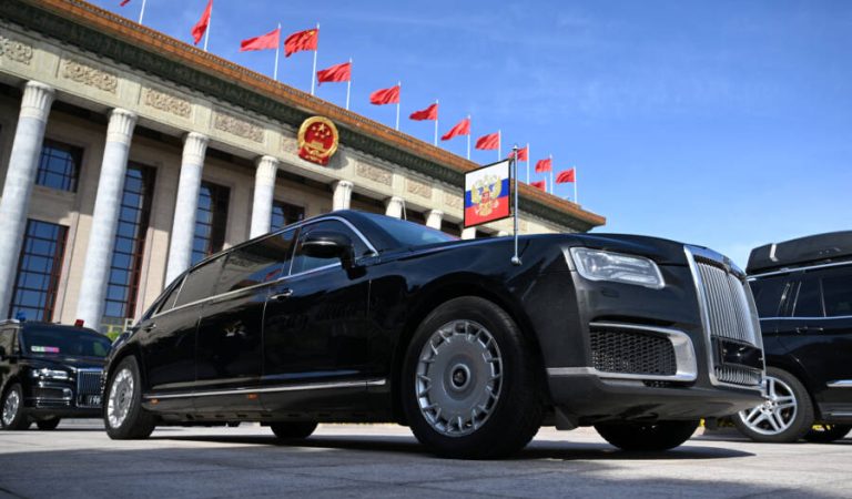 FILE PHOTO: An Aurus limousine of Russian President Vladimir Putin's motorcade is parked outside the Great Hall of the People during the Belt and Road Forum in Beijing, China, October 18, 2023. Sputnik/Dmitry Azarov/Pool via REUTERS/File Photo