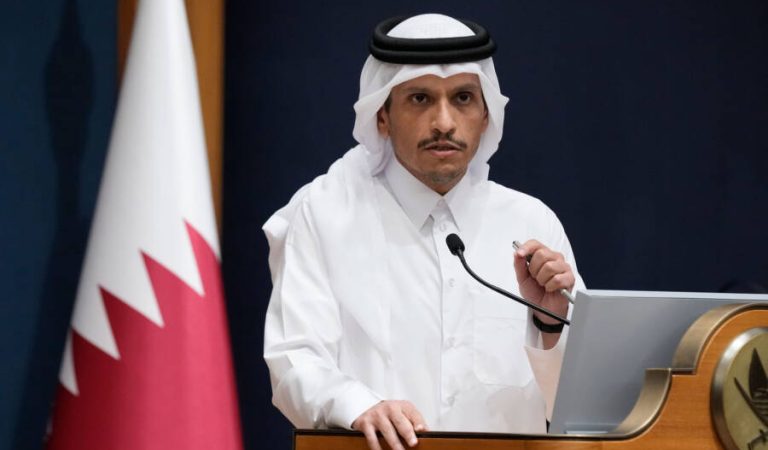 Qatar's Prime Minister and Foreign Minister Mohammed bin Abdulrahman Al Thani makes statements to the media with U.S. Secretary of State Antony Blinken in Doha, Qatar, Friday Oct. 13, 2023. (AP Photo/Jacquelyn Martin, Pool)