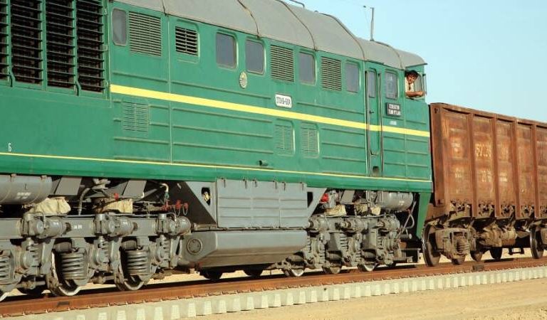 A train laying the ballast on the track of the Hairatan Mazar-i-Sharif Railway.