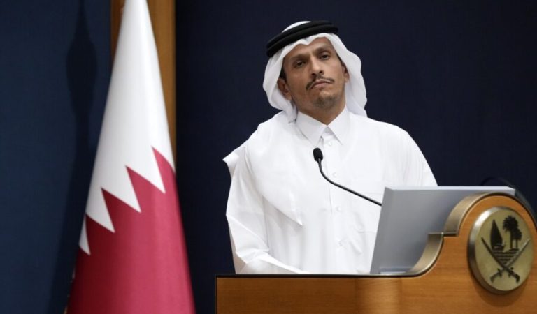 FILE - Qatar's Prime Minister and Foreign Minister Mohammed bin Abdulrahman Al Thani listens a question with U.S. Secretary of State Antony Blinken in Doha, Qatar, Friday Oct. 13, 2023. Qatar is the go-to mediator in the Israel-Hamas war. On Saturday, Nov. 25, 2023, a Qatari jet landed in Israel's Ben-Gurion International Airport with an urgent task: save the cease-fire deal between Israel and Gaza's Hamas rulers. (AP Photo/Jacquelyn Martin, Pool, File)