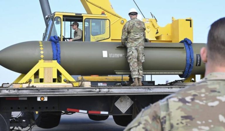 FILE - In this photo released by the U.S. Air Force on May 2, 2023, airmen look at a GBU-57, or the Massive Ordnance Penetrator bomb, at Whiteman Air Base in Missouri.(U.S. Air Force via AP, File)