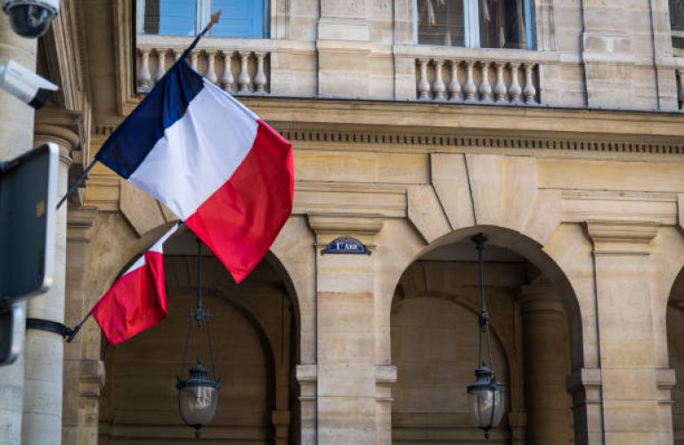 French flags, street in the 1st arrondissement, Paris, France
