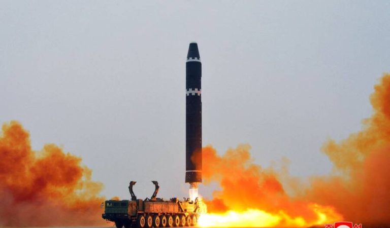 This picture taken on February 18, 2023 and released from North Korea's official Korean Central News Agency (KCNA) on February 19, 2023 shows test-firing of the intercontinental ballistic missile (ICBM) "Hwasong-15", at Pyongyang International Airport. (Photo by STRINGER / KCNA VIA KNS / AFP) / South Korea OUT / ---EDITORS NOTE--- RESTRICTED TO EDITORIAL USE - MANDATORY CREDIT "AFP PHOTO/KCNA VIA KNS" - NO MARKETING NO ADVERTISING CAMPAIGNS - DISTRIBUTED AS A SERVICE TO CLIENTS / THIS PICTURE WAS MADE AVAILABLE BY A THIRD PARTY. AFP CAN NOT INDEPENDENTLY VERIFY THE AUTHENTICITY, LOCATION, DATE AND CONTENT OF THIS IMAGE --- /