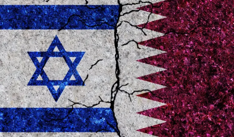 qatar-vs-israel-painted-flags-wall-grunge-texture-relations-together-235822320