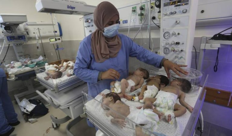 A nurse cares for prematurely born Palestinian babies that were brought from Shifa Hospital in Gaza City to the hospital in Rafah, Gaza Strip, Sunday, Nov. 19, 2023. (AP Photo/Hatem Ali)