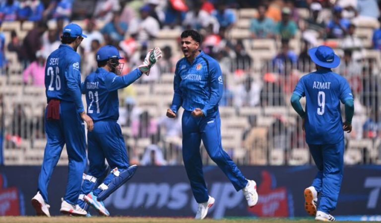 CHENNAI, INDIA - FEBRUARY 08: Mujeeb Ur Rahman of Afghanistan celebrates after taking the wicket of Finn Allen of New Zealand during the ICC Men's T20 World Cup India & Sri Lanka 2026  match between New Zealand and Afghanistan at MA Chidambaram Stadium on February 08, 2026 in Chennai, India. (Photo by Joe Allison-ICC/ICC via Getty Images)