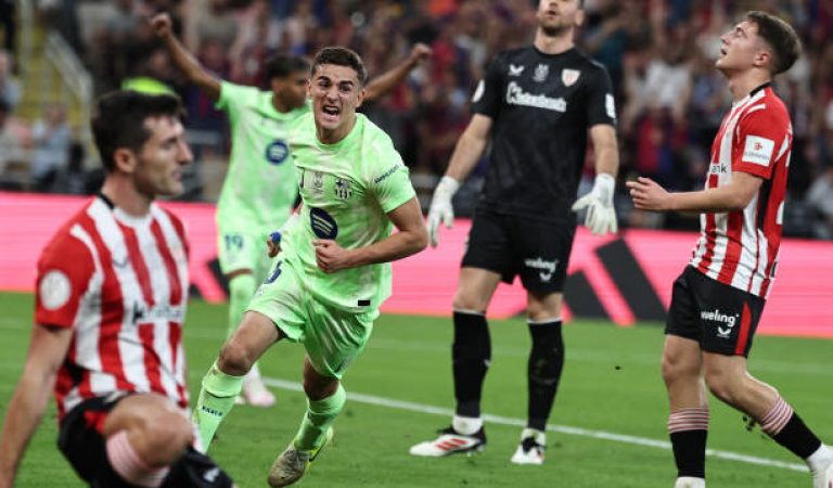 Barcelona's Spanish midfielder #6 Pablo Gavi celebrates scoring his team's first goal during the Spanish Super Cup semi-final football match between Athletic Bilbao and Barcelona at the King Abdullah Sport City in Jeddah on January 8, 2025. (Photo by FADEL SENNA / AFP) (Photo by FADEL SENNA/AFP via Getty Images)