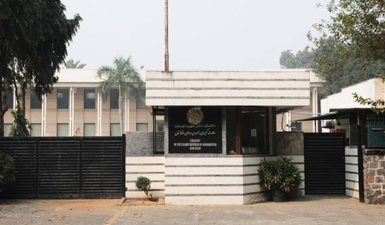 An exterior view of the Embassy of the Islamic Republic of Afghanistan in New Delhi, India, 24 November 2023. EFE-EPA/RAJAT GUPTA