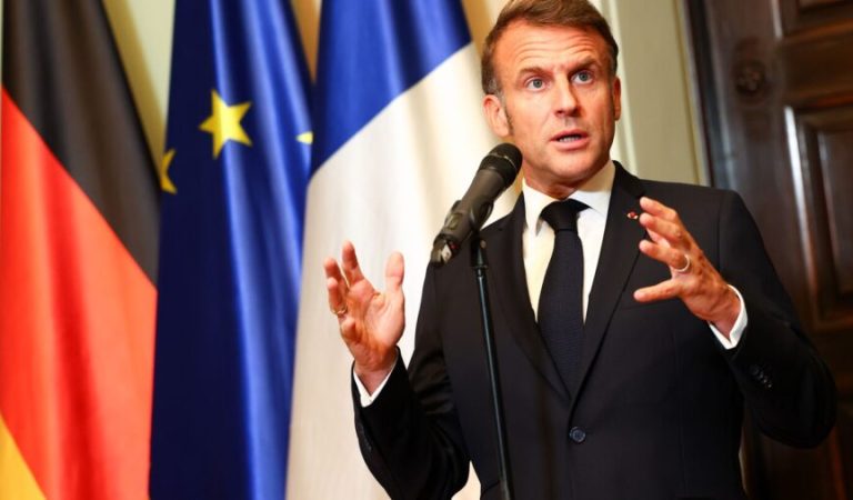 BERLIN, GERMANY - JULY 23: French President Emmanuel Macron talks to media prior to talks with German Chancellor Friedrich Merz at Villa Borsig on July 23, 2025 in Berlin, Germany. The two leaders are meeting as Germany, France and the United Kingdom forge a stronger European alliance following U.S. President Donald Trump's disruption of transatlantic ties. (Photo by Christian Mang/Getty Images)