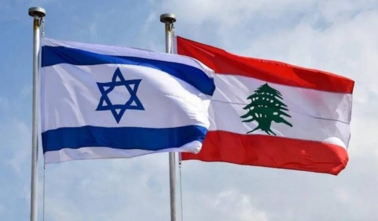The flags of Israel and Lebanon
