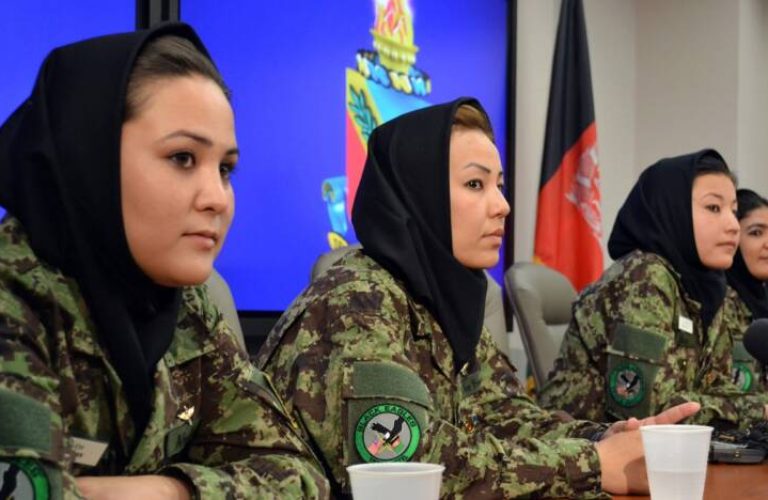 Four female Afghan helicopter pilot candidates attend a press conference July 13, 2011, at the Defense Language Institute English Language Center (DLIELC) at Lackland Air Force Base, Texas. The women begin their English language studies at the DLIELC marking a significant milestone in shaping the reconstruction of Afghanistan. (U.S. Air Force photo/Staff Sgt. Desiree N. Palacios)