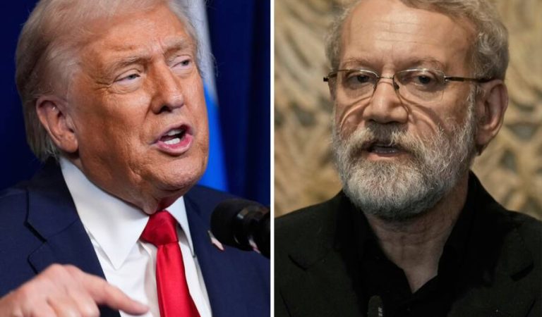 This combo shows President Donald Trump at Mar-a-Lago, Monday, Dec. 29, 2025, in Palm Beach, Fla. and Iranian Secretary of Supreme National Security Council Ali Larijani in Beirut, Lebanon, Wednesday, Aug. 13, 2025. (AP Photo/Alex Brandon, Bilal Hussein)