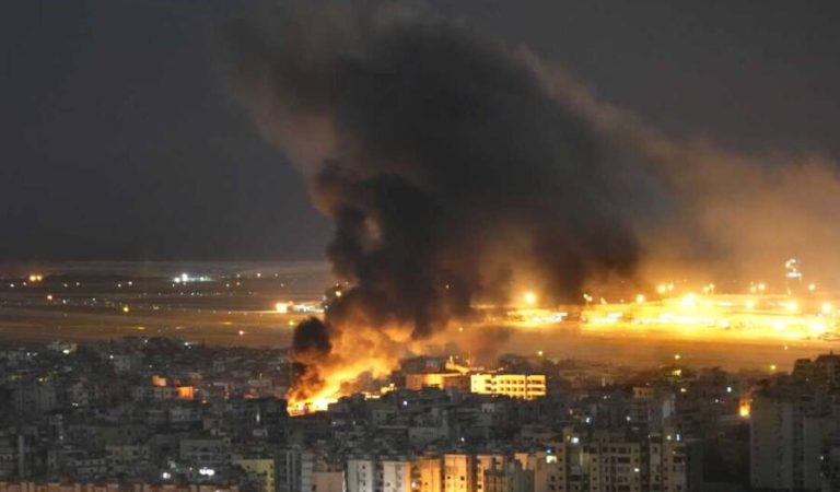 Flames and smoke rise form an Israeli airstrike on Dahiyeh, in the southern suburb of Beirut, Lebanon, Sunday, Oct. 20, 2024. (AP Photo/Hussein Malla)