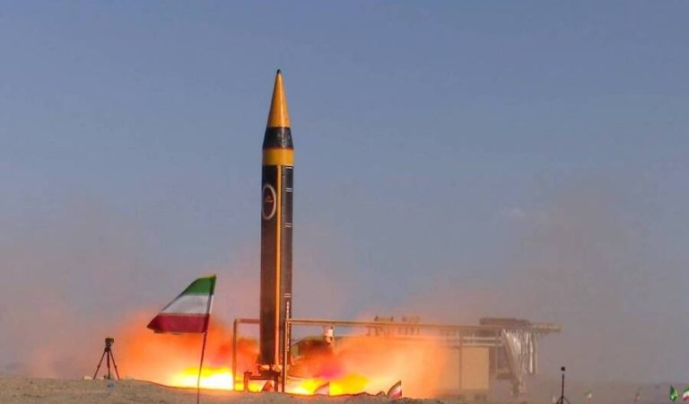 TEHRAN, IRAN - MAY 07: (----EDITORIAL USE ONLY - MANDATORY CREDIT - 'IRANIAN DEFENCE MINISTRY / HANDOUT' - NO MARKETING NO ADVERTISING CAMPAIGNS - DISTRIBUTED AS A SERVICE TO CLIENTS----) Iran's medium-range ballistic missile called Hayber (Hurremshahr-4) is seen during the test launch as part of the promotional program organized with the participation of high-ranking military officials in Tehran, Iran on May 07, 2023. The liquid-fueled ballistic missile Hayber, with a range of 2 thousand kilometers, can carry 1500 kilograms of warheads. ( Iranian Defense Ministry - Anadolu Agency )