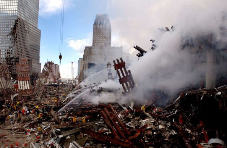 Fires still burn amidst the rubble of the World Trade Center on September 13, 2001 days after the September 11, 2001 terrorist attack. (Jim Watson/U.S. Navy/Getty Images/TNS)