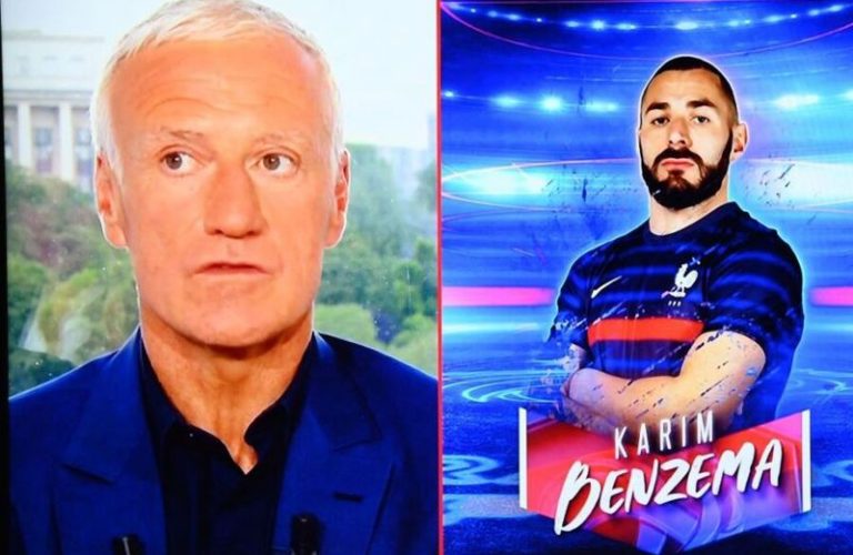 A picture of French forward Karim Benzema (R) is displayed as France's head coach Didier Deschamps (L) announces the Frances squad list for the UEFA Euro 2020 football tournament, on the TV set of French television channel TF1 in Boulogne Billancourt, on the outskirts of Paris, on May 18, 2021. - Karim Benzema was named in France's provisional Euro 2020 squad by Didier Deschamps, giving the Real Madrid striker an international recall after a five-and-a-half year absence over his alleged role in a blackmail plot. (Photo by FRANCK FIFE / POOL / AFP) (Photo by FRANCK FIFE/POOL/AFP via Getty Images)