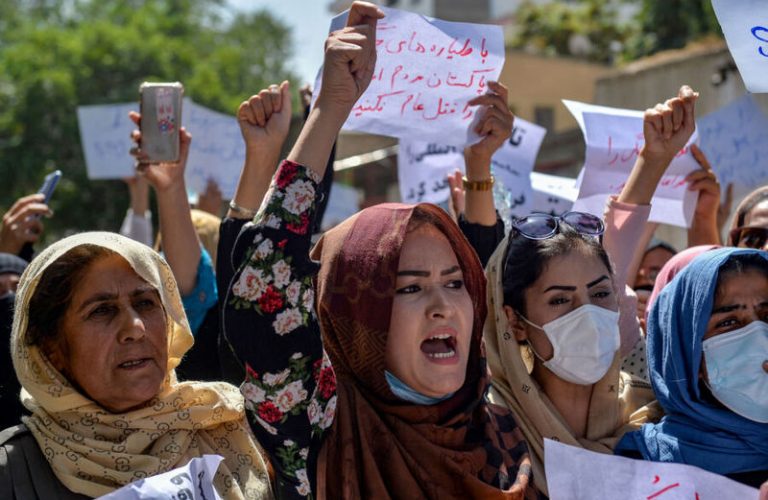 Afghan women shout slogans during an anti-Pakistan protest near the Pakistan embassy in Kabul on September 7, 2021. - The Taliban on September 7, 2021 fired shots into the air to disperse crowds who had gathered for an anti-Pakistan rally in the capital, the latest protest since the hardline Islamist movement swept to power last month. (Photo by Hoshang Hashimi / AFP) (Photo by HOSHANG HASHIMI/AFP via Getty Images)