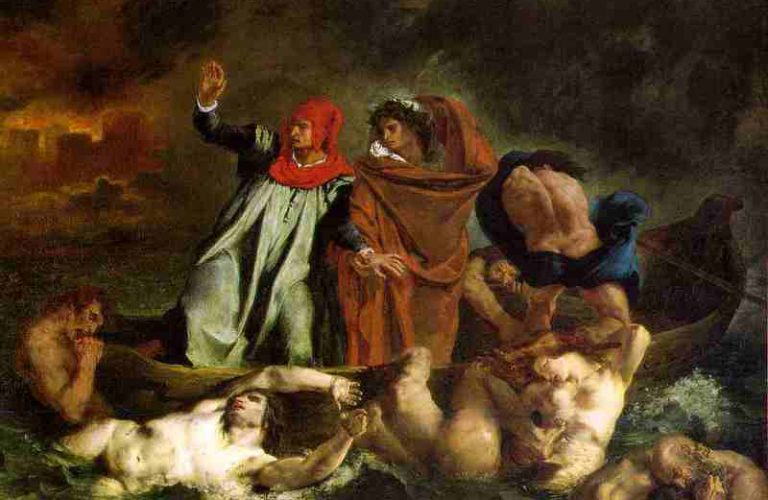 Eugene-Ferdinand-Victor-Delacroix--Dante-a-Vergilius-(Dantova-barka,-Dante-a-Vergilius-v-pekle)