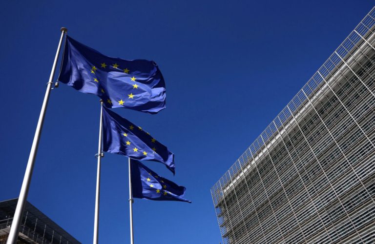 FILE PHOTO: European Union flags flutter outside the European Commission headquarters in Brussels, Belgium April 29, 2026. REUTERS/Yves Herman/File Photo
