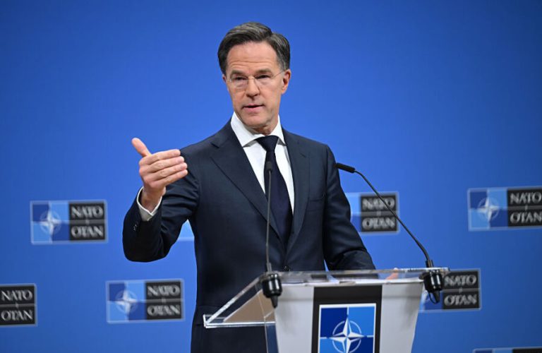 BRUSSELS, BELGIUM - MARCH 26: NATO Secretary General Mark Rutte presents the 2025 annual report during a press conference held at NATO Headquarters in Brussels, Belgium on March 26, 2026. (Photo by Dursun Aydemir/Anadolu via Getty Images)