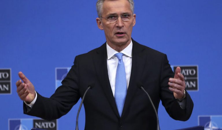 FILE - In this Feb. 14, 2019, file photo, NATO Secretary-General Jens Stoltenberg talks to journalists during a news conference at the second day of a NATO defense ministers meeting at NATO headquarters in Brussels. Leaders of both parties are inviting Stoltenberg to address a joint meeting of Congress next month around the 70th anniversary of the trans-Atlantic alliance (AP Photo/Francisco Seco, File)