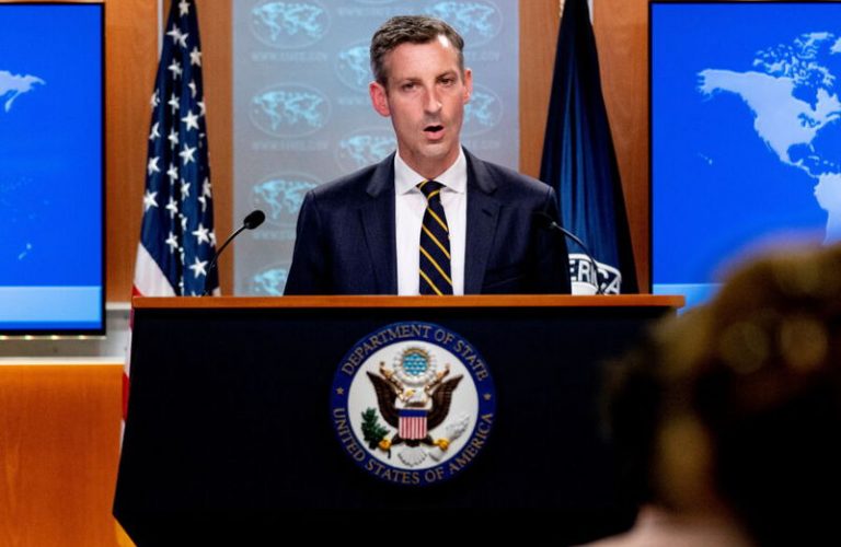 FILE PHOTO: State Department spokesman Ned Price speaks on the situation in Afghanistan at the State Department in Washington, DC, U.S. August 18, 2021. Andrew Harnik/Pool via REUTERS/File Photo