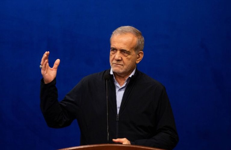 FILE Ñ President Masoud Pezeshkian of Iran at a news conference in Tehran, Iran on Sept. 16, 2024. Israeli forces bombarded multiple parts of the capital, Tehran, on Saturday, Feb. 28, targeting at least one gathering of the countryÕs senior officials and military leaders, the Israeli military said. The status of much of the leadership remains unknown. (Arash Khamooshi/The New York Times)