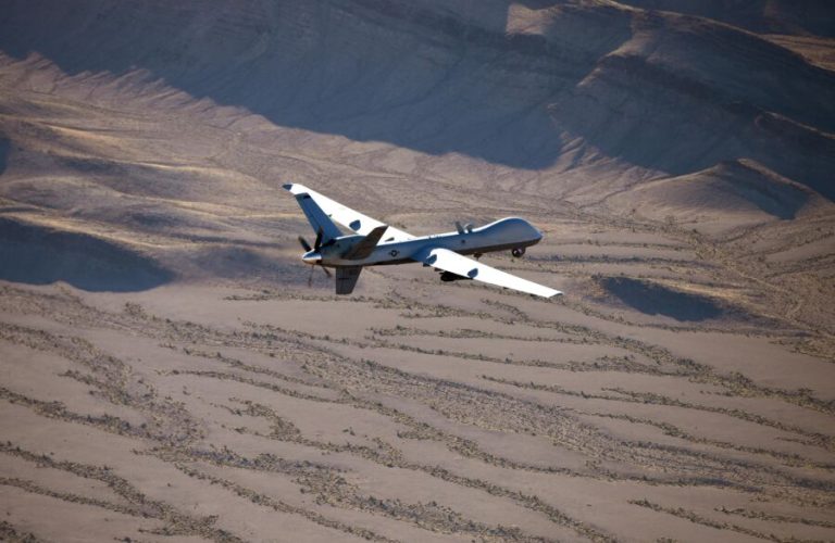 An MQ-9 Reaper flies a training mission over the Nevada Test and Training Range, July 15, 2019. MQ-9 aircrew provide dominant, persistent attack and reconnaissance for comabtant commanders and coalition partners across the globe. (U.S. Air Force photo by Airman 1st Class William Rio Rosado)