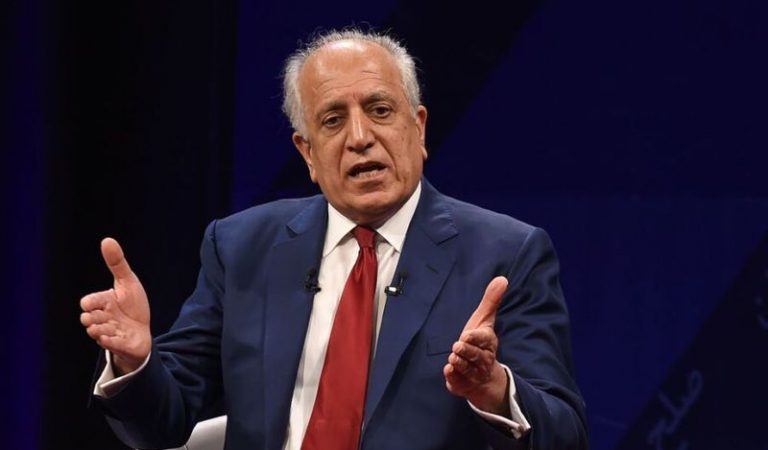 US special representative for Afghan peace and reconciliation Zalmay Khalilzad gestures as he speaks during a forum talk with Afghan director of TOLO news Lotfullah Najafizada, at the Tolo TV station in Kabul on April 28, 2019. - The United States and Afghanistan stressed the need for "intra-Afghan dialogue" when US envoy Zalmay Khalilzad and Afghan President Ashraf Ghani held talks on April 27, a palace statement said. (Photo by WAKIL KOHSAR / AFP)        (Photo credit should read WAKIL KOHSAR/AFP/Getty Images)