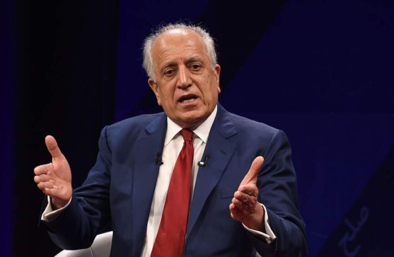 US special representative for Afghan peace and reconciliation Zalmay Khalilzad gestures as he speaks during a forum talk with Afghan director of TOLO news Lotfullah Najafizada, at the Tolo TV station in Kabul on April 28, 2019. - The United States and Afghanistan stressed the need for "intra-Afghan dialogue" when US envoy Zalmay Khalilzad and Afghan President Ashraf Ghani held talks on April 27, a palace statement said. (Photo by WAKIL KOHSAR / AFP)        (Photo credit should read WAKIL KOHSAR/AFP/Getty Images)